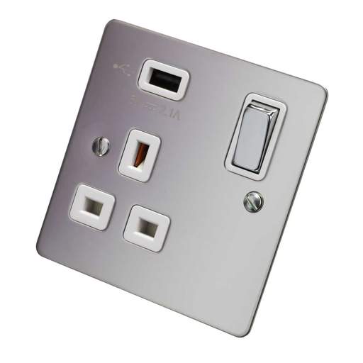 Scolmore Click Define 13A 1 Gang Switched Socket with 2.1A USB Outlet White Insert Polished Chrome