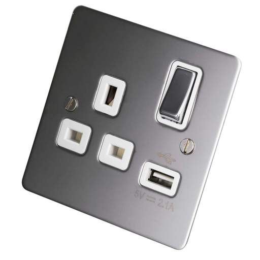 Scolmore Click Define 13A 1 Gang Switched Socket with USB Outlet White Insert Polished Chrome