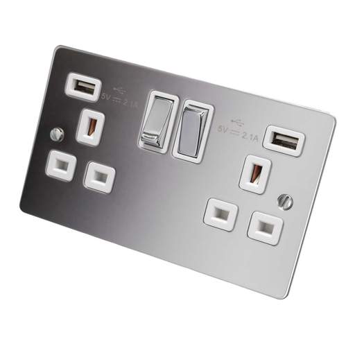 Scolmore Click Define 13A 2 Gang Switched Socket with Twin USB Outlets White Insert Polished Chrome