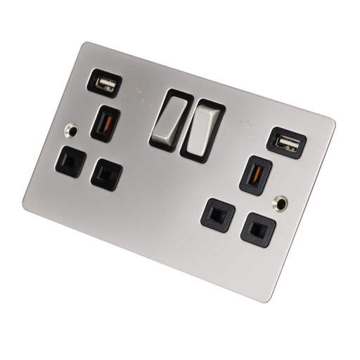 Scolmore Click Define 13A 2 Gang Switched Socket with Twin 2.1A USB Outlets Black Insert Pearl Nickel