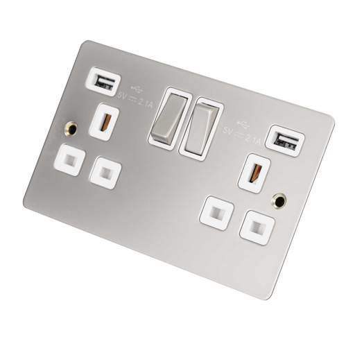 Scolmore Click Define 13A 2 Gang Switched Socket with Twin 2.1A USB Outlets White Insert Pearl Nickel