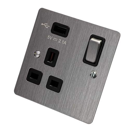 Scolmore Click Define 13A 1 Gang Switched Socket with USB Outlet Black Insert Stainless Steel