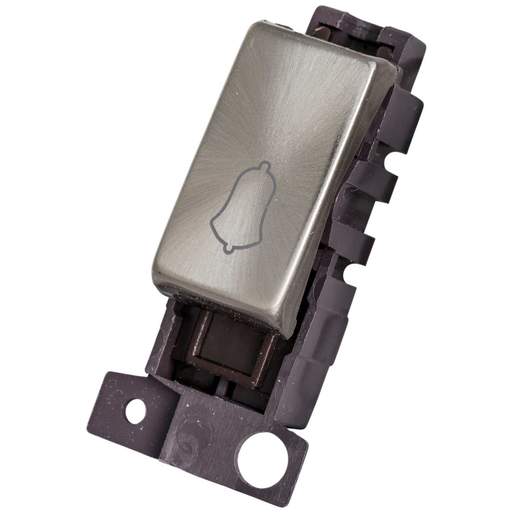 Scolmore Click Mini Grid 10A 1 Way Retractive Switch Module marked Bell Symbol Brushed Steel