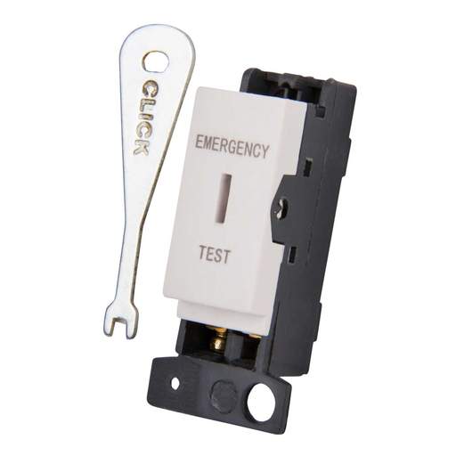 Scolmore Click Mini Grid 10A Double Pole Key Switch Module marked Emergency Test Polar White