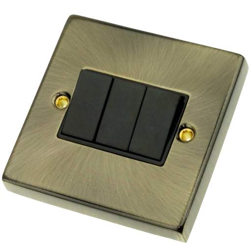 Scolmore Click Deco 10A 3 Gang 2 Way Switch Black Insert Antique Brass