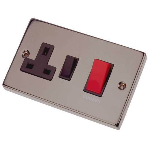 Scolmore Click Deco 45A Double Pole Cooker Unit with Switch Socket with Black Insert Black Nickel