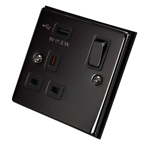 Scolmore Click Deco 13A 1 Gang Switched Socket with USB Outlet Metal / Black Insert Black Nickel