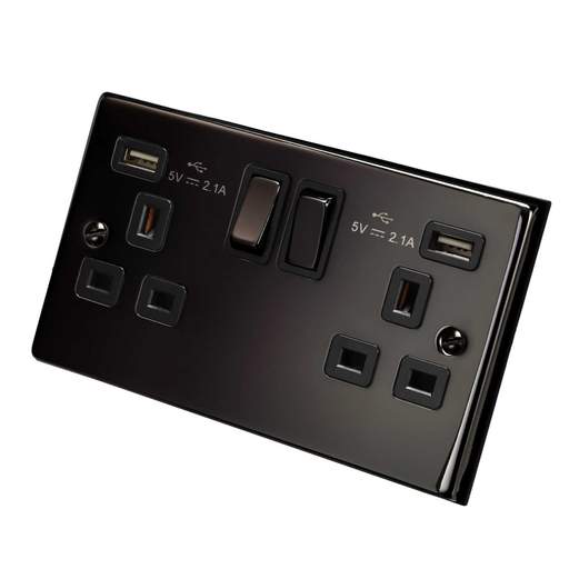 Scolmore Click Deco 13A 2 Gang Switched Socket with Twin 2.1A USB Metal / Black Insert Black Nickel