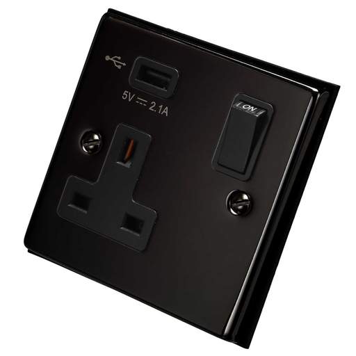 Scolmore Click Deco 13A 1 Gang Switched Socket with USB Outlet Black Insert Black Nickel