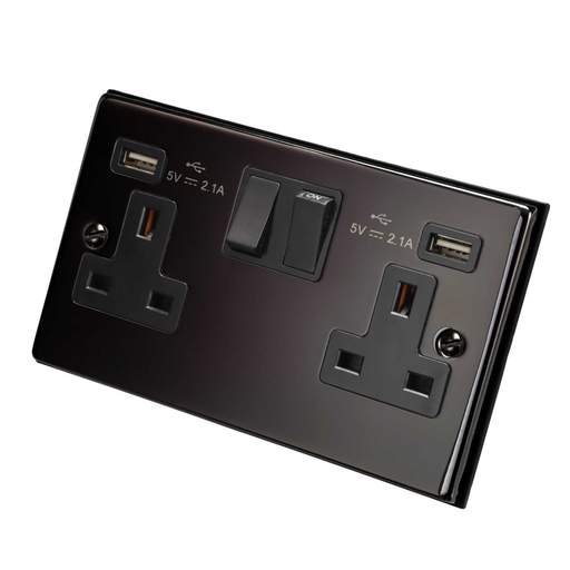 Scolmore Click Deco 13A 2 Gang Switched Socket with Twin 2.1A USB Outlets Black Insert Black Nickel