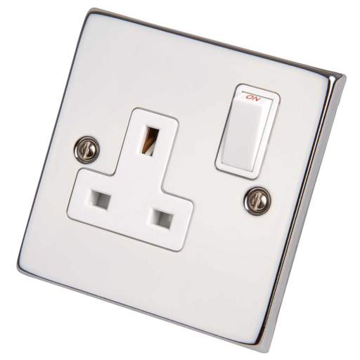 Scolmore Click Deco 13A DP 1 Gang Switched Socket White Insert Polished Chrome