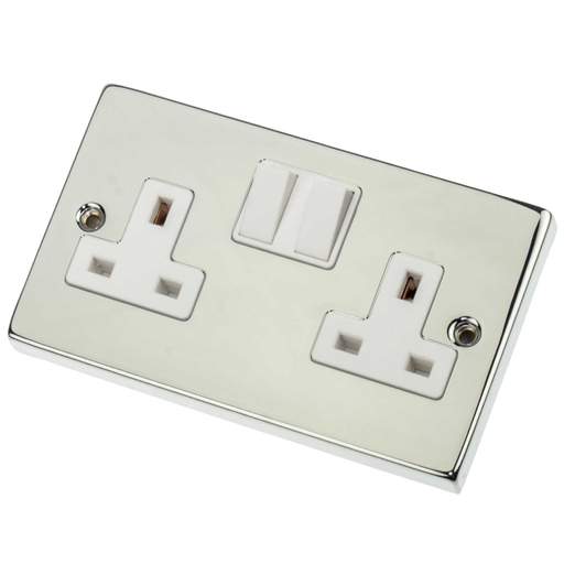 Scolmore Click Deco 13A DP 2 Gang Switched Socket White Insert Polished Chrome