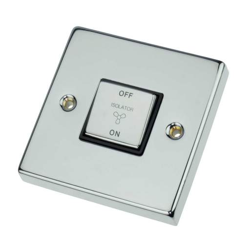 Scolmore Click Deco 10A Triple Pole Fan Isolator Switch Metal / Black Insert Polished Chrome