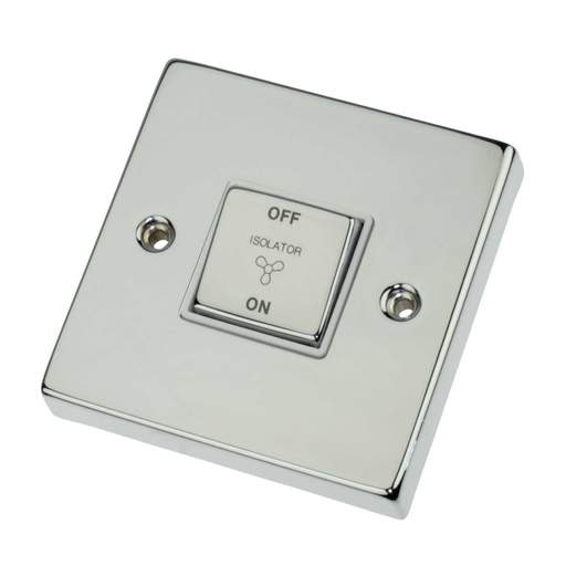 Scolmore Click Deco 10A Triple Pole Fan Isolator Switch Metal / White Insert Polished Chrome