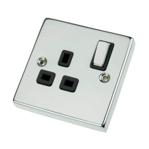 Scolmore Click Deco 13A DP 1 Gang Switched Socket Metal / Black Insert Polished Chrome