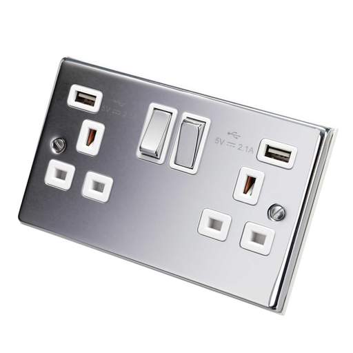 Scolmore Click Deco 13A 2 Gang Switched Socket with Twin USB Metal / White Insert Polished Chrome