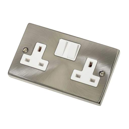 Scolmore Click Deco 13A DP 2 Gang Switched Socket White Insert Satin Chrome