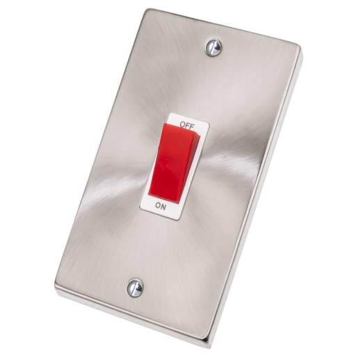 Scolmore Click Deco 45A DP 2 Gang Vertical Switch White Insert Satin Chrome