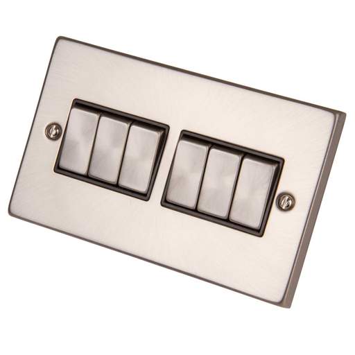 Scolmore Click Deco 10A 6 Gang 2 Way Switch Metal / Black Insert Satin Chrome
