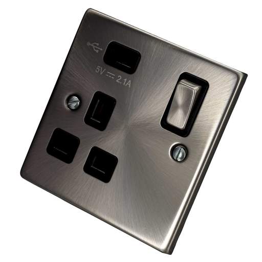 Scolmore Click Deco 13A 1 Gang Switched Socket with USB Outlet Metal / Black Insert Satin Chrome