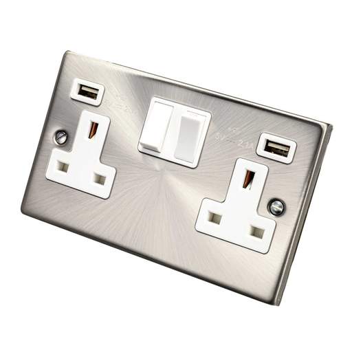 Scolmore Click Deco 13A 2 Gang Switched Socket with Twin USB Outlets White Insert Satin Chrome