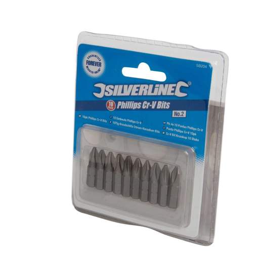 Silverline ¼ Inch Hex Number 2 Phillips Chrome Vanadium Screwdriver Bits 10 pack