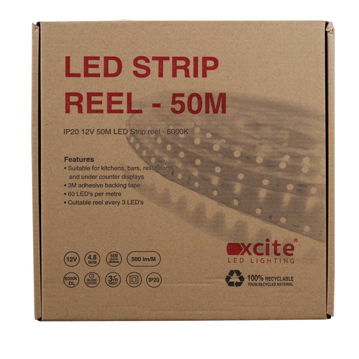 Xcite 12V LED Strip Light Reel IP20 Colour 6000K (50m Reel) (XCSR20DL