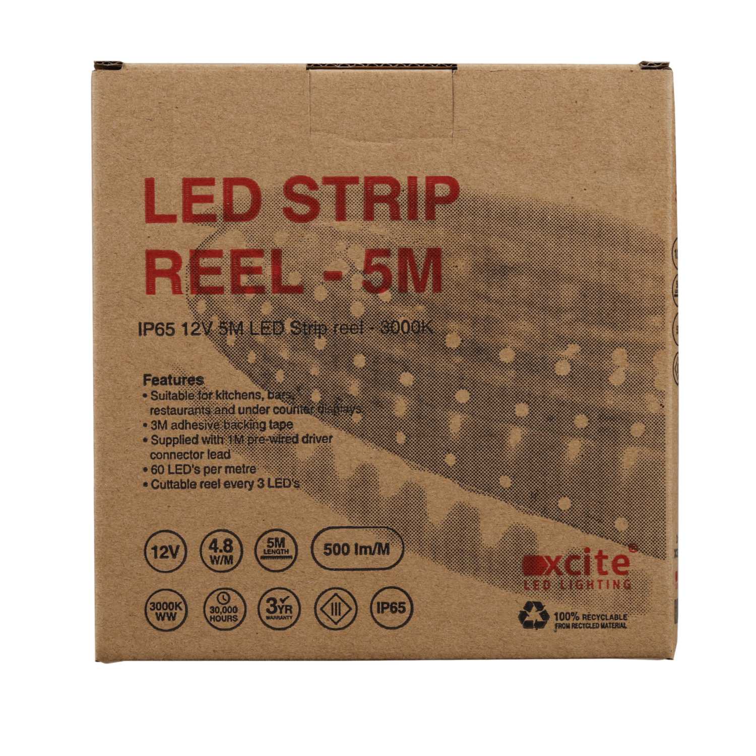 Xcite 12V LED Strip Light Reel IP65 Colour 3000K (5m Reel) (XCSR5M65WW