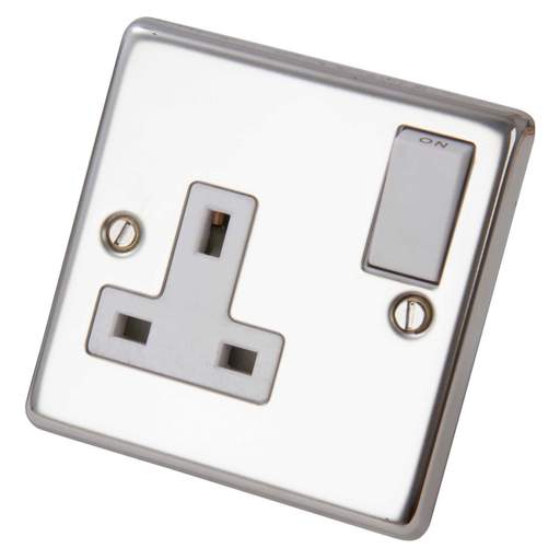 Volex 13A DP 1 Gang Switched Socket White Insert Polished Stainless Steel