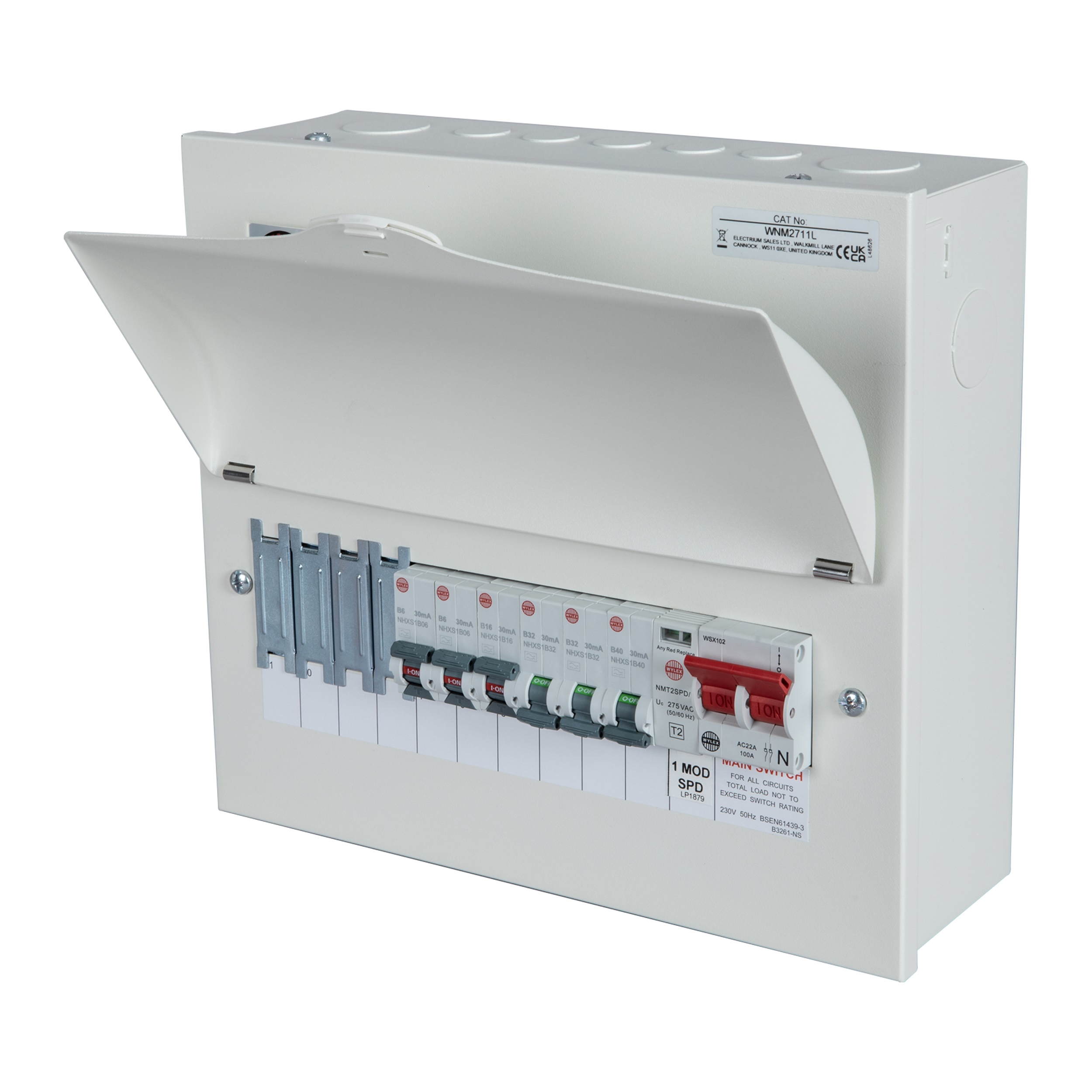 Wylex 10 Way 100A Isolator Metal Clad Consumer Unit with Type 2 SPD and